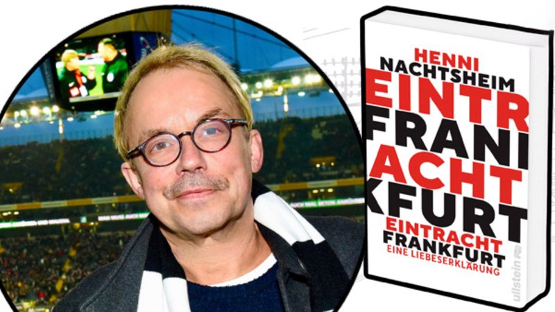 Henni Nachtsheim im Fußball-Stadion, daneben sein neues Buch "Eintracht Frankfurt – Eine Liebeserklärung"